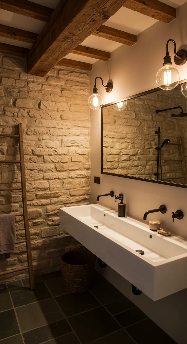 Rustieke badkamer met een ruwe stenen muur, houten balken en een moderne wastafel.