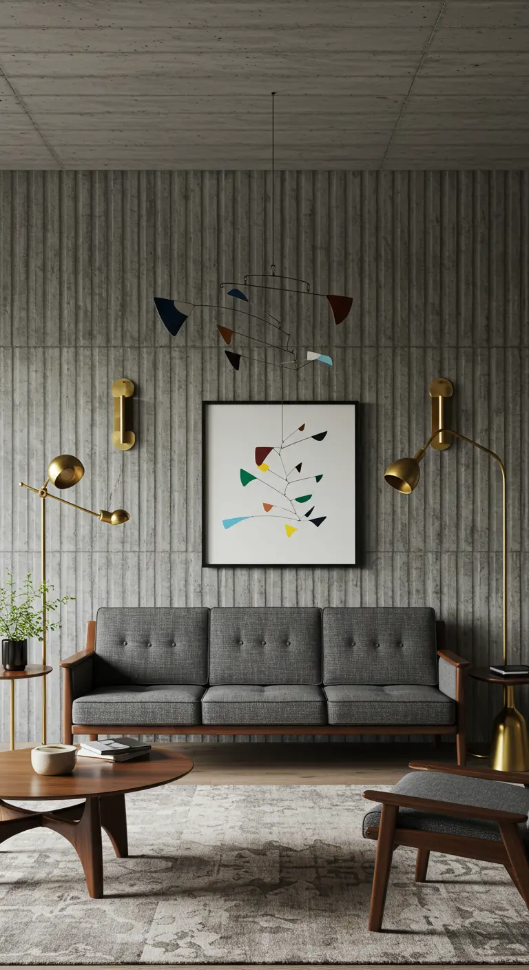 Mid-Century woonkamer met geribbelde betonnen muur, grijze bank en een kleurrijke mobiel aan het plafond.