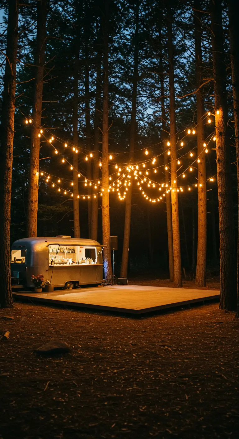 Vintage caravan omgebouwd tot bar in het bos, met een dansvloer en lichtslingers.
