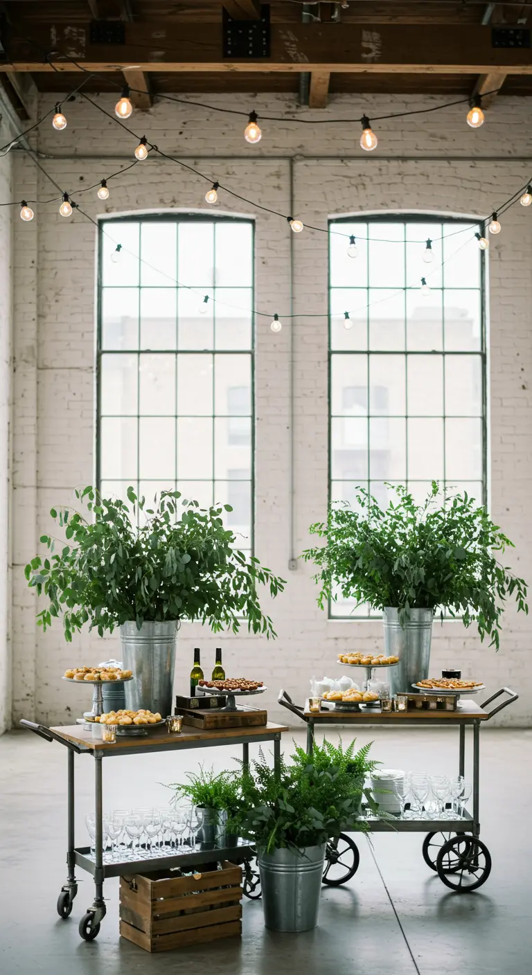 Twee industriële roltafels met hapjes, drankjes en planten in een lichte loftruimte.
