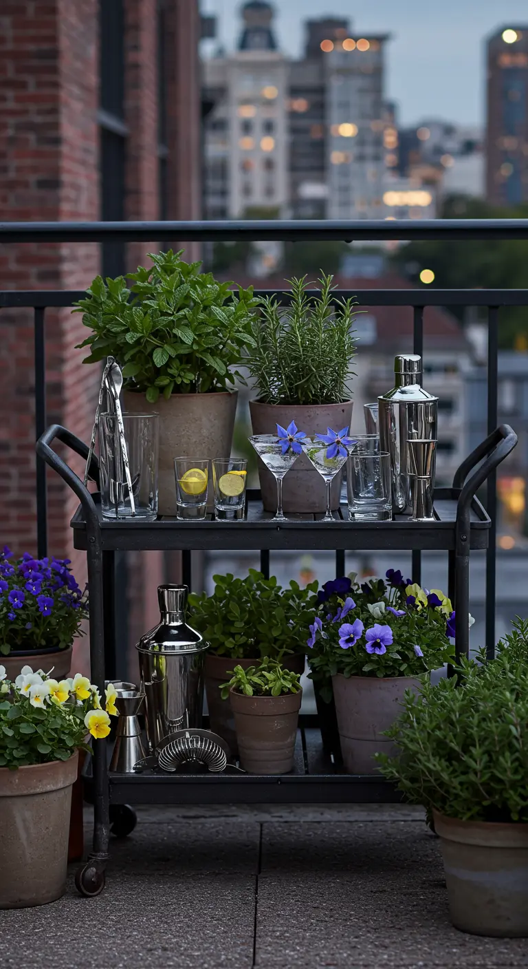 Zwarte serveerwagen met kruiden, cocktailshakers en glazen op een stadsbalkon.