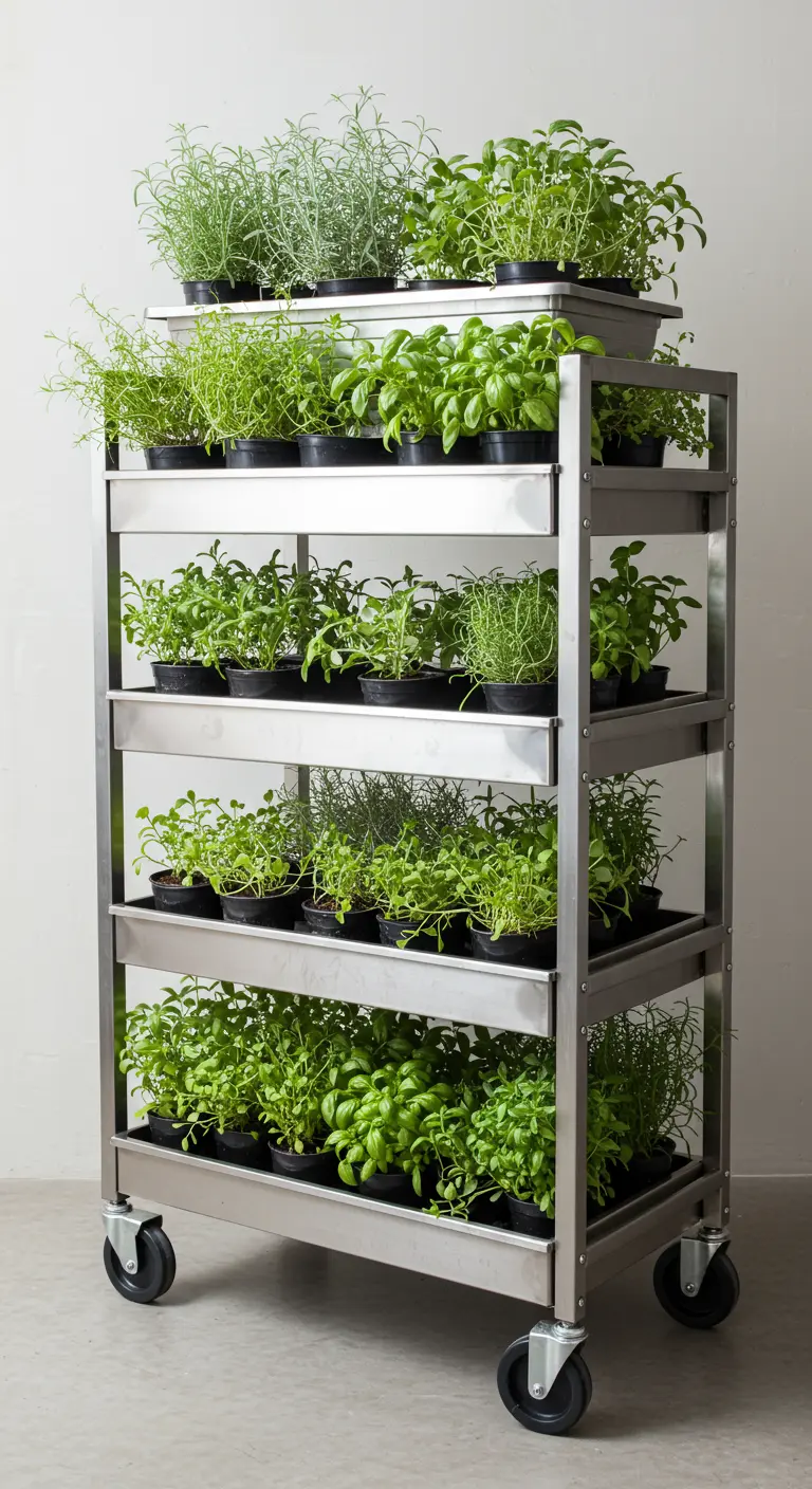 Horeca stellingkast op wielen, vol met trays met diverse soorten verse kruiden.