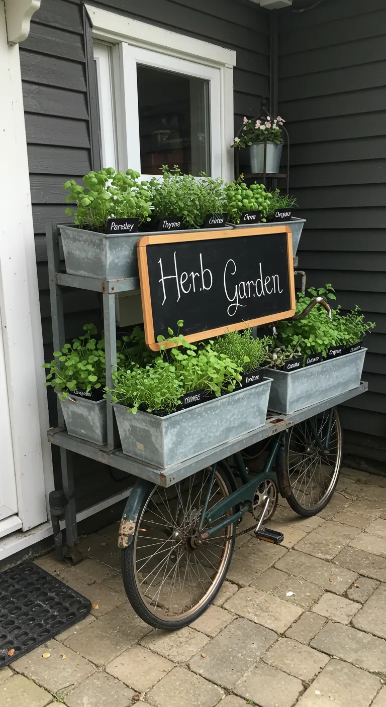 Fiets omgebouwd tot een kar met metalen bakken vol kruiden en een bordje 'Herb Garden'.