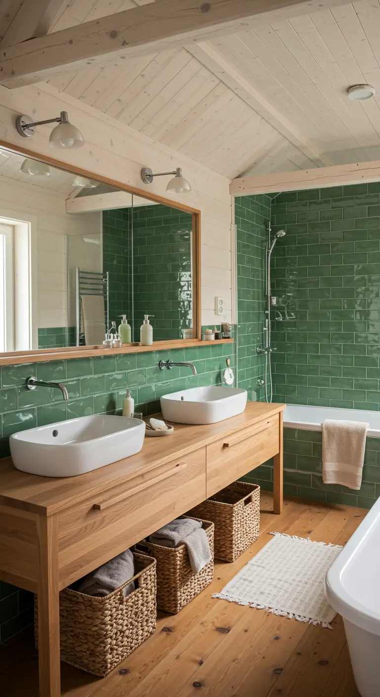 Badkamer in cottage-stijl met groene tegels, een dubbel houten wastafelmeubel en rieten manden.