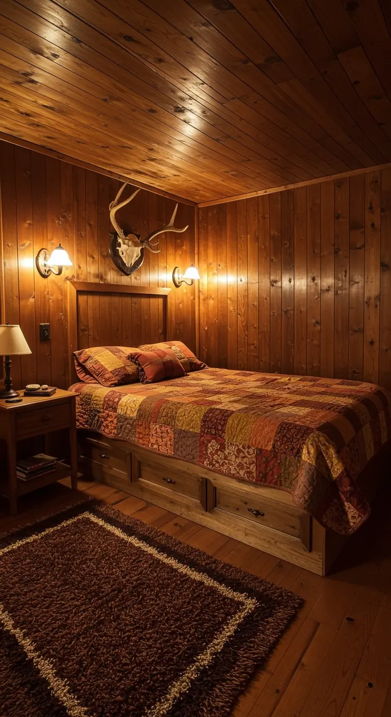 Rustieke houten slaapkamer met een patchwork quilt en een gewei aan de muur.