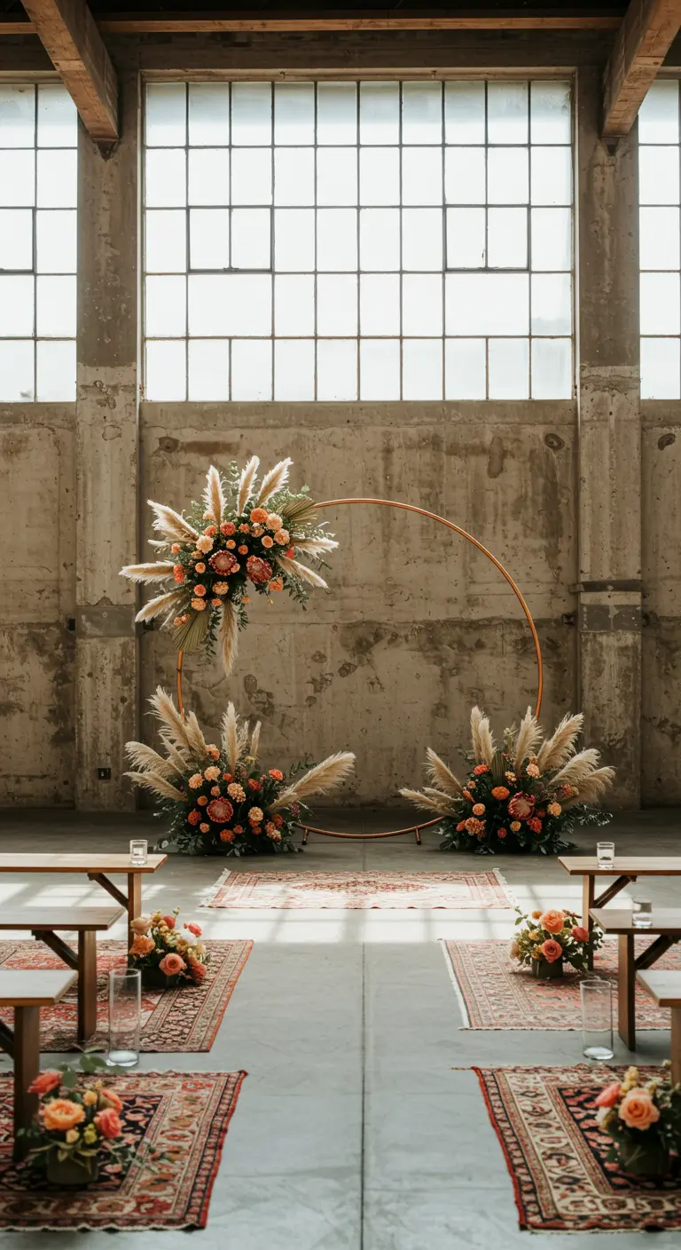 Trouwceremonie-opstelling in een industriële ruimte met een ronde metalen boog versierd met bloemen.