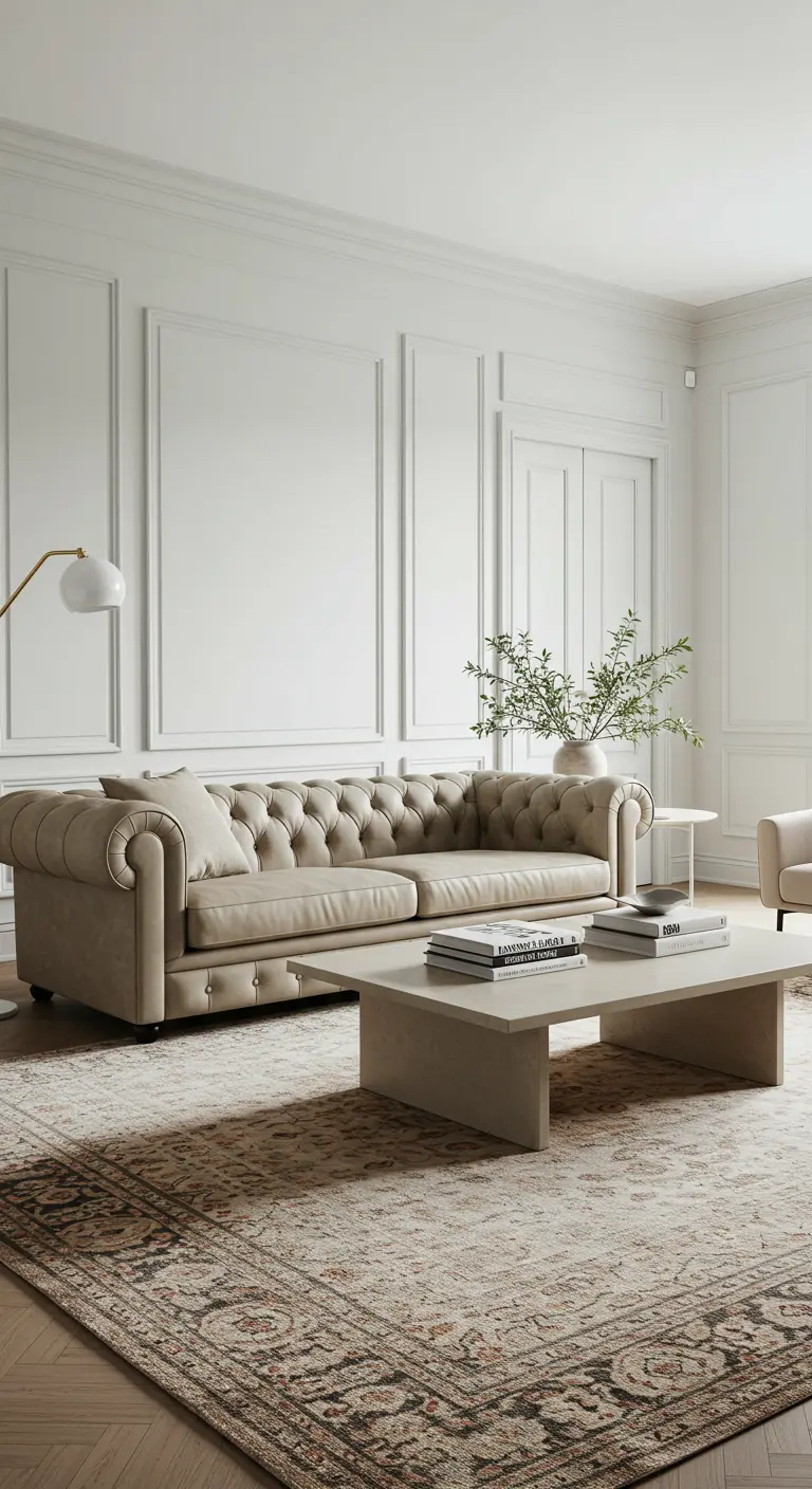 Klassieke Chesterfield-bank in beige stof in een elegante woonkamer met sierlijsten en een Perzisch tapijt.