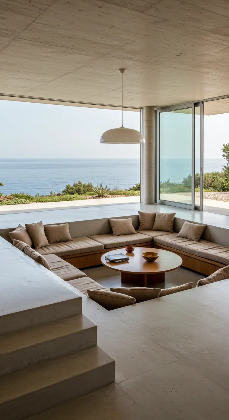 Moderne woonkamer met een verlaagde zithoek vol kussens en uitzicht op zee.