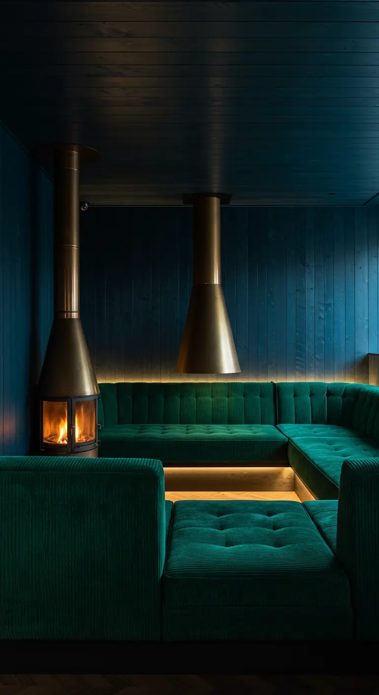 Moderne lounge met ingebouwde groene ribstof bank rond een koperen, vrijstaande haard.