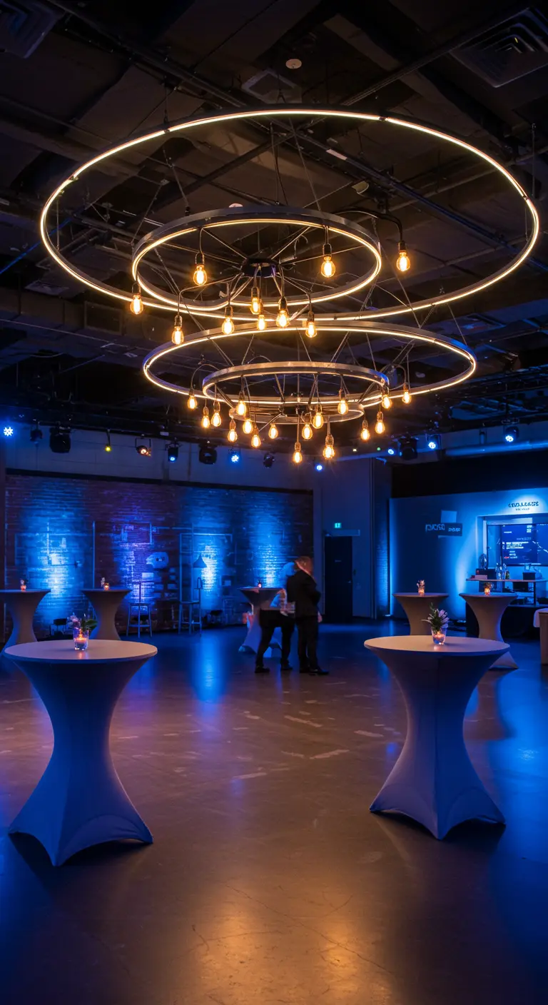 Grote, ronde lichtinstallaties met Edison-lampen in een moderne evenementenruimte.