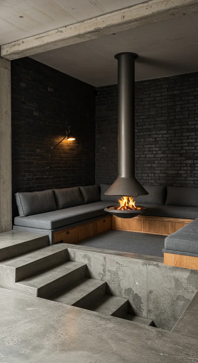 Moderne woonkamer met een verzonken zithoek en een zwevende, centrale haard.