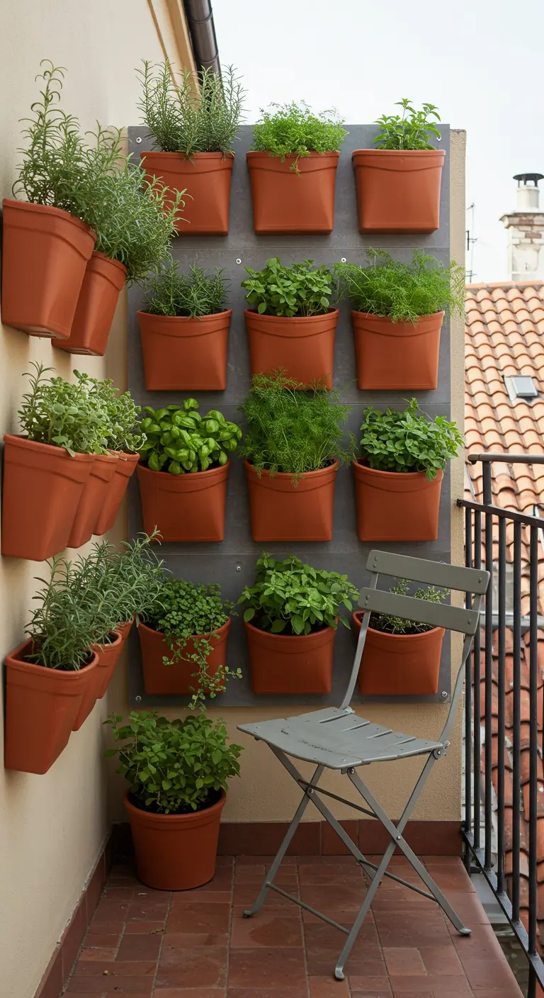 Verticale tuin met modulaire terracotta potten vol kruiden aan de muur.
