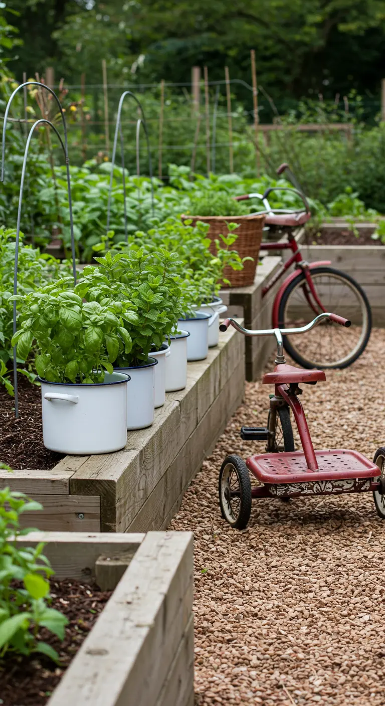 Moestuin met houten bakken, witte emaille pannen met kruiden en een rode vintage driewieler.