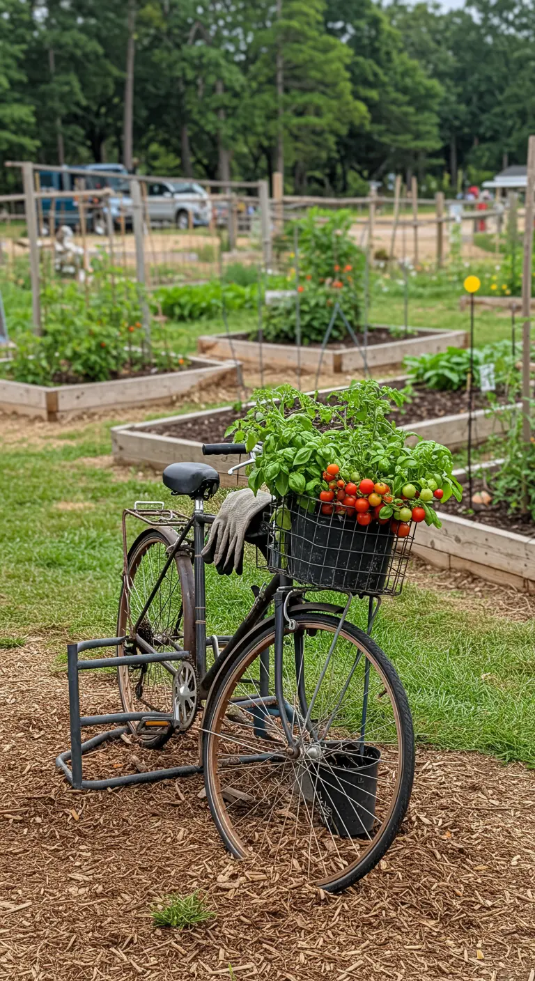 Oude fiets in een moestuin met een mand vol vers geplukte tomaten en basilicum.
