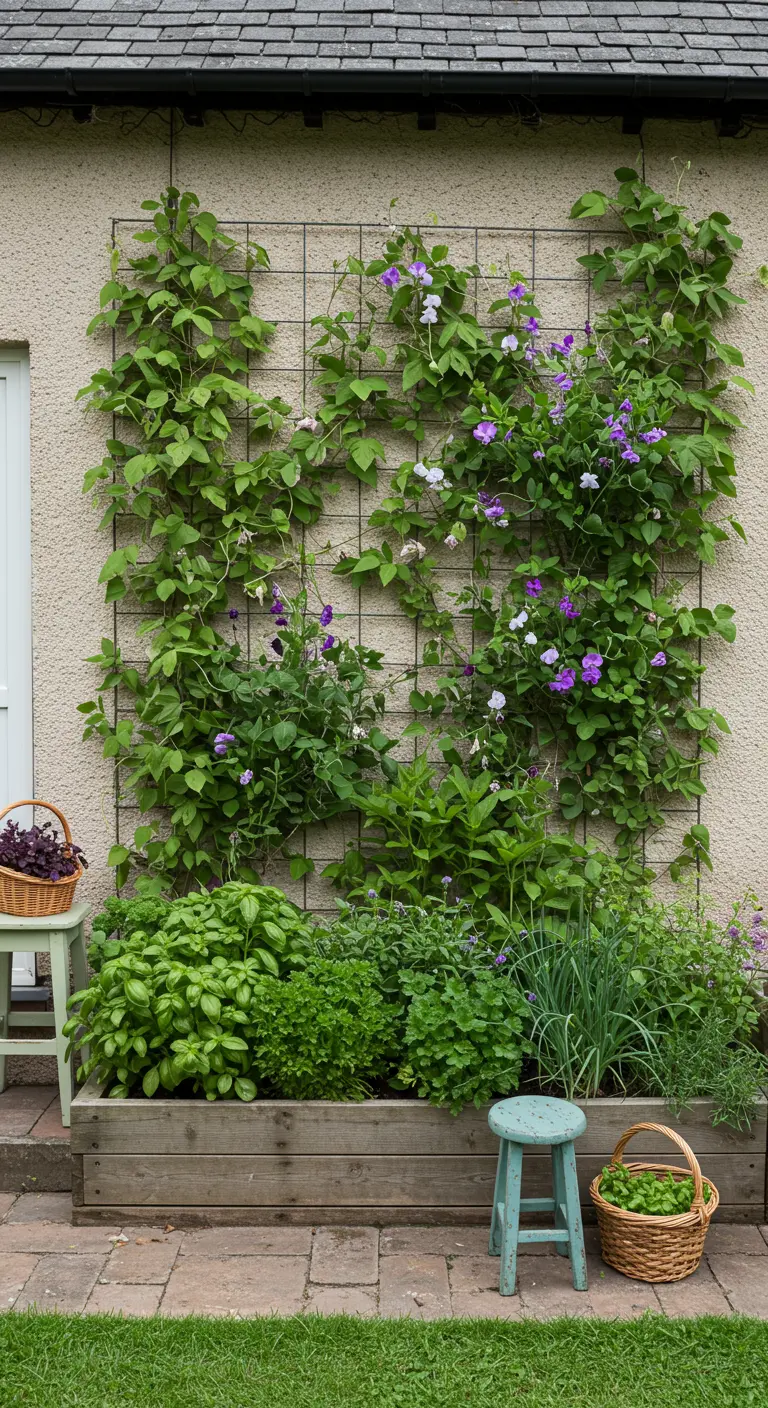 Houten moestuinbak met een klimrek voor groenten en kruiden tegen een muur.