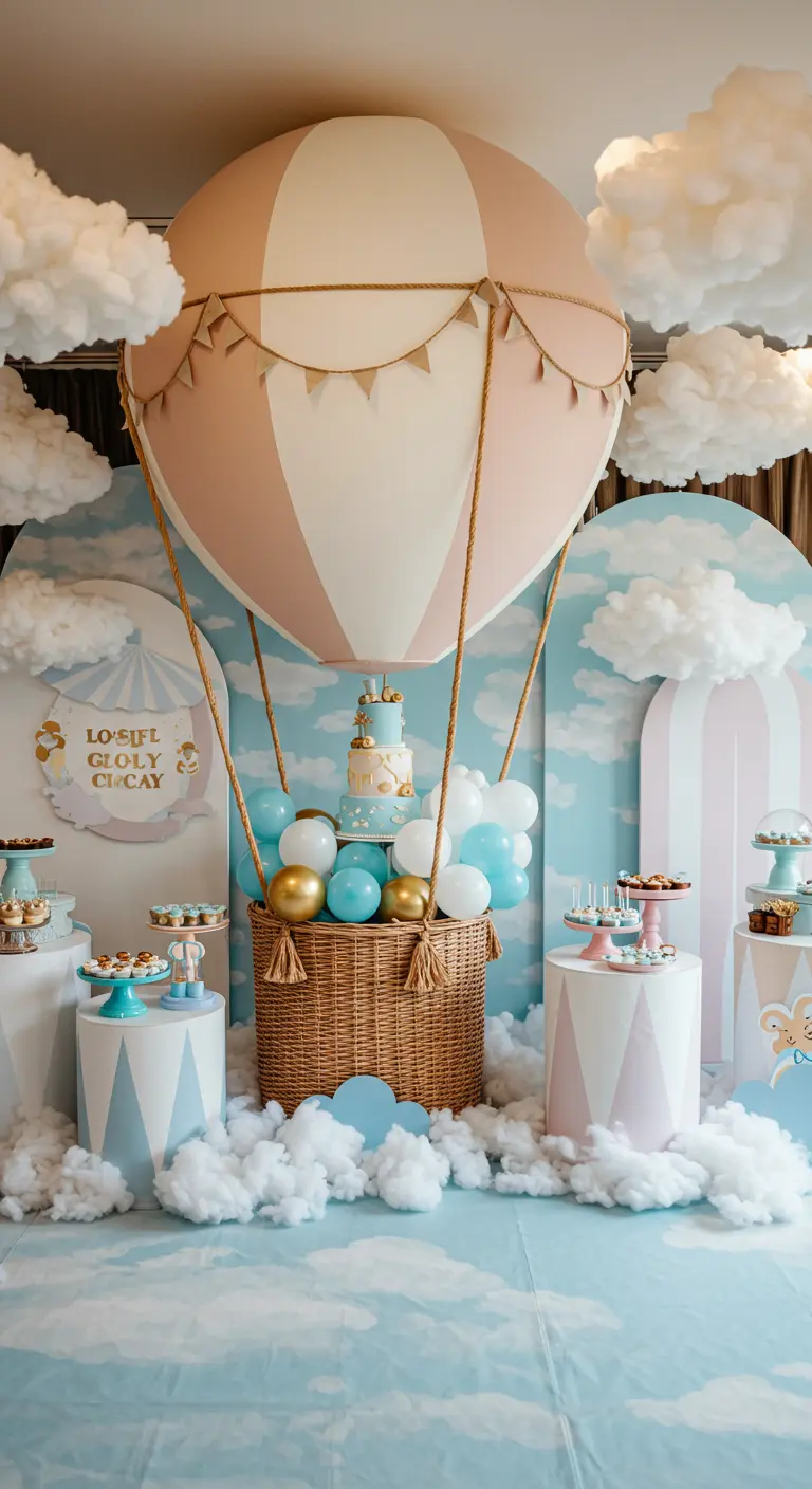 Grote luchtballon als decoratie voor een desserttafel, omringd door wolken.