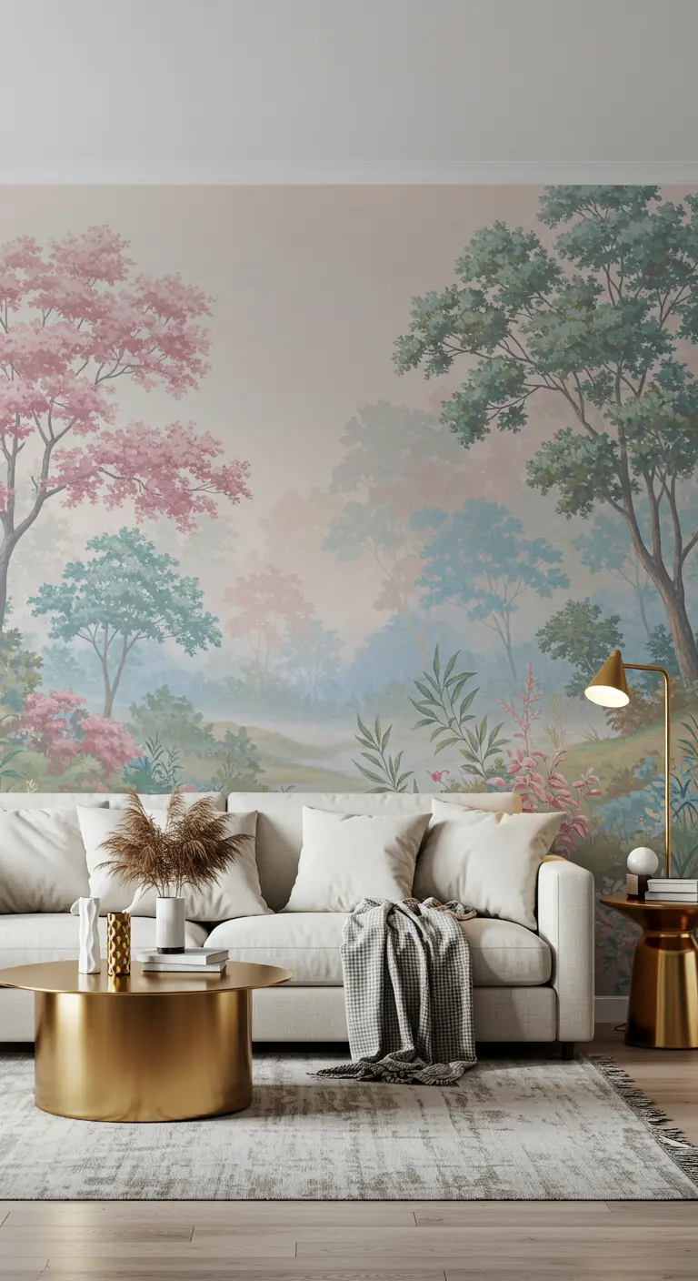 Woonkamer met een grote muurschildering van een pastelkleurig boslandschap.