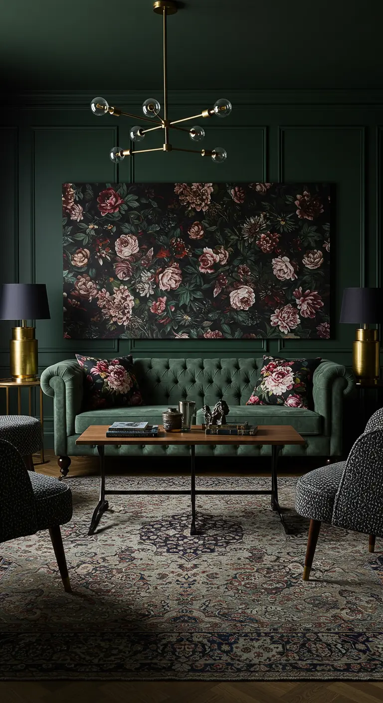 Donkergroene woonkamer met een groot bloemenschilderij en bijpassende kussens op de bank.
