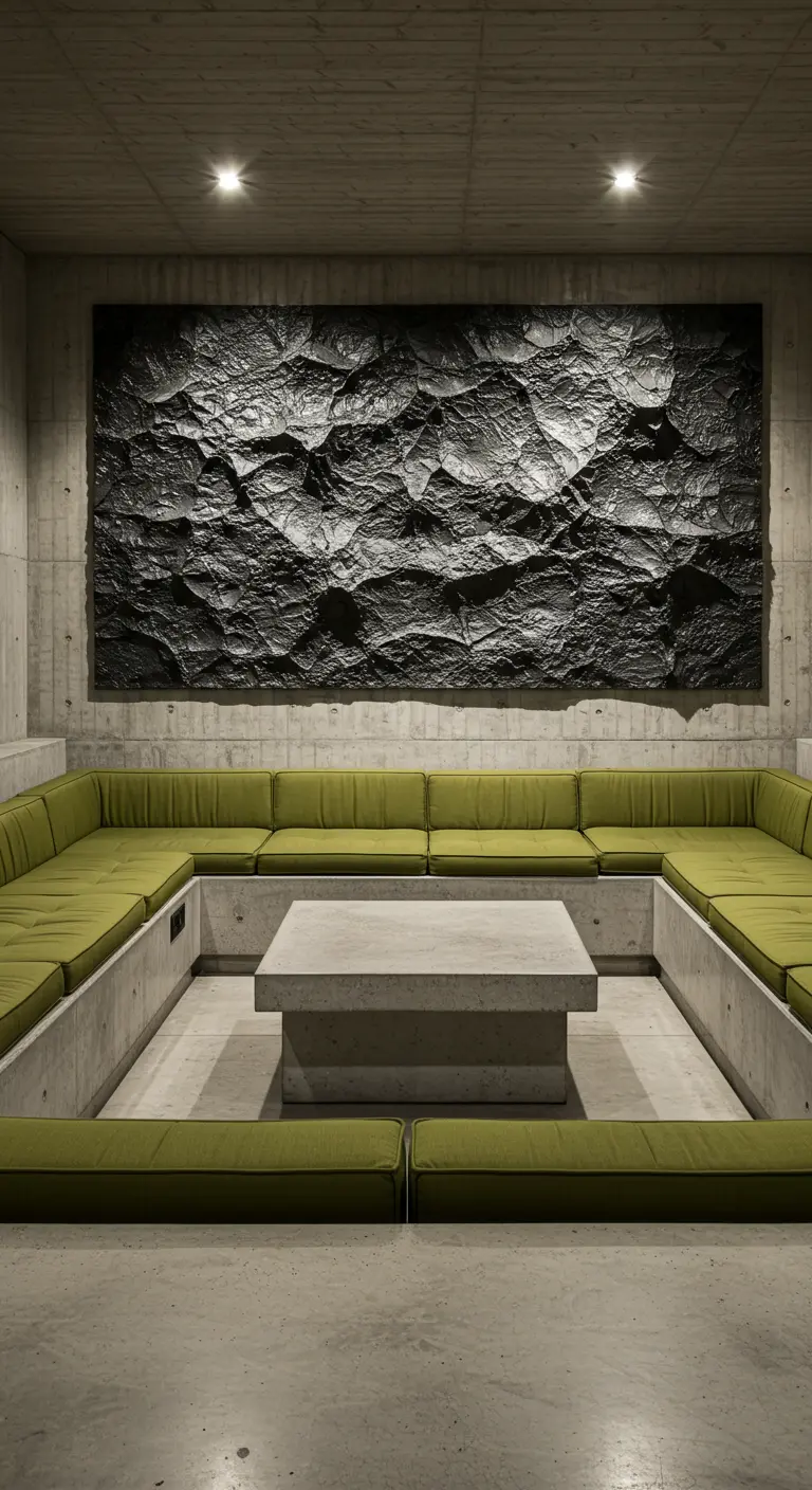 Woonkamer met een verzonken zithoek met groene kussens en een enorme, 3D-getextureerde zwarte rotswand.
