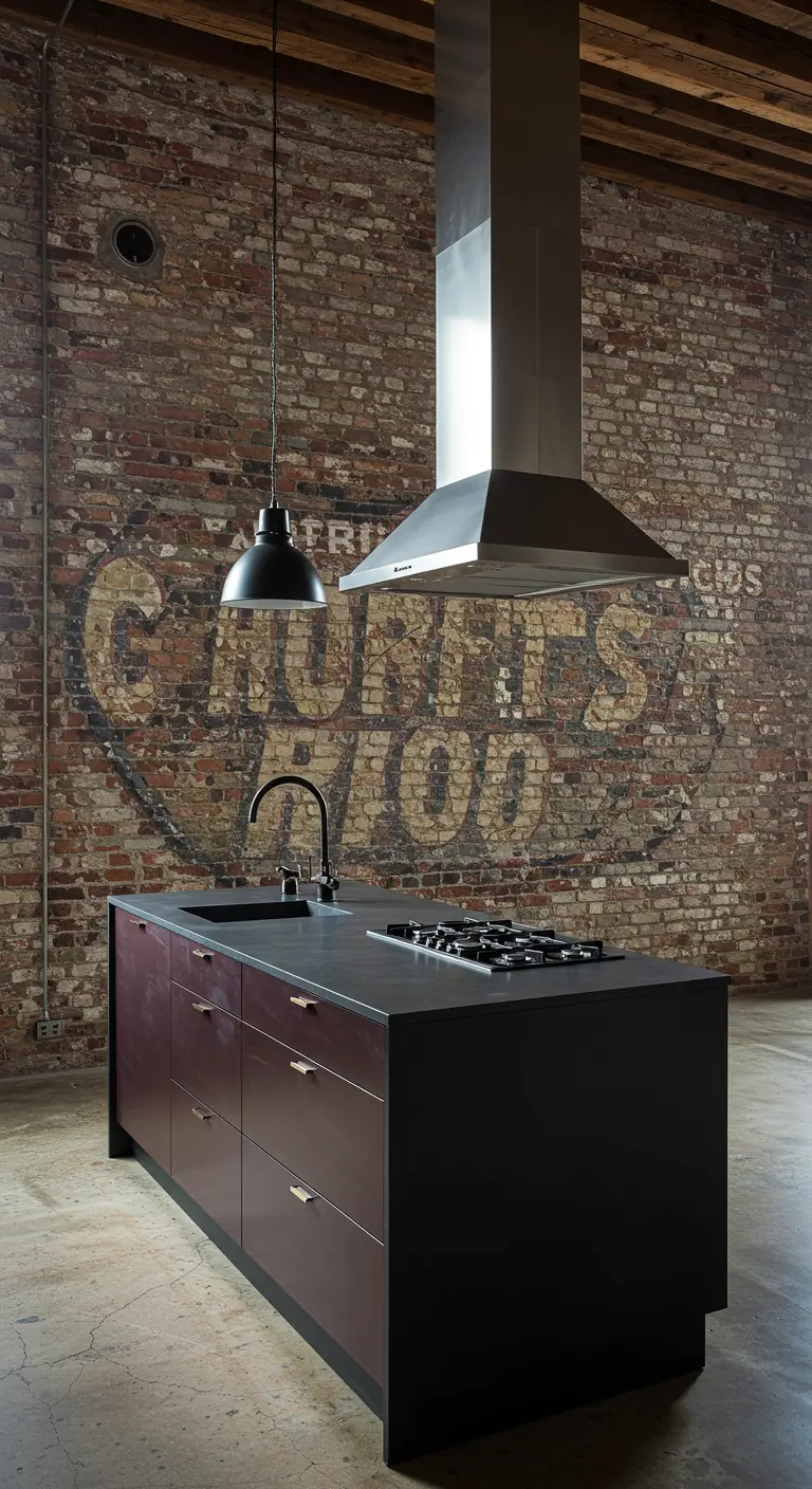 Industriële keuken met een vervaagde, oude muurschildering op de bakstenen muur.
