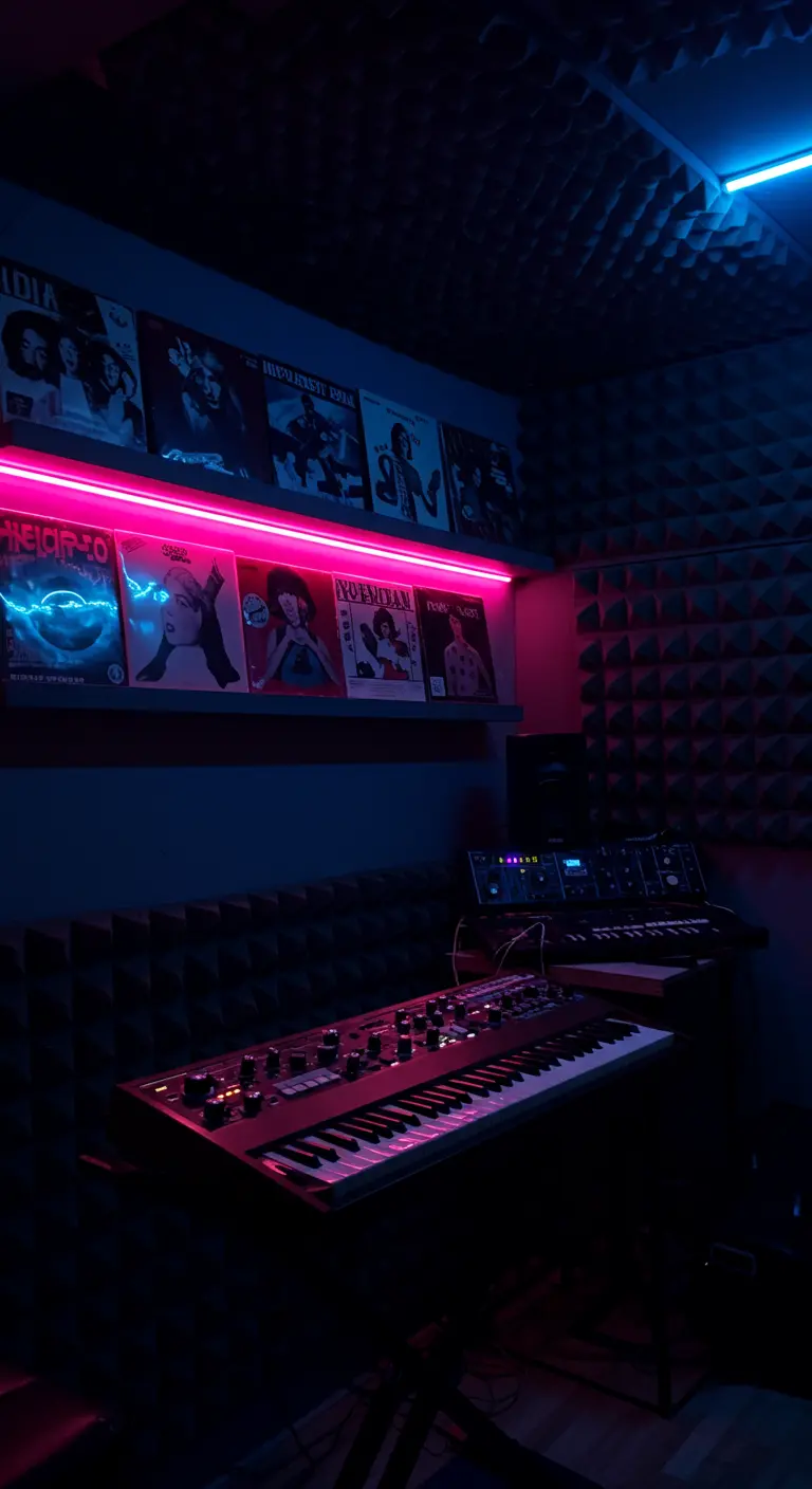 Muziekstudio met synthesizers en een plank met platenhoezen, verlicht door een roze neonstrip.