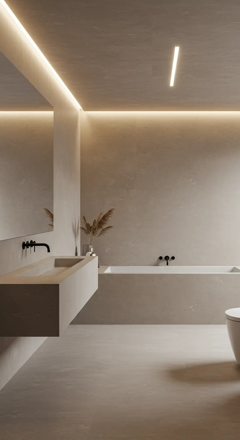 Strakke, minimalistische badkamer met naadloze beige muren, zwevend meubel en lineaire verlichting.