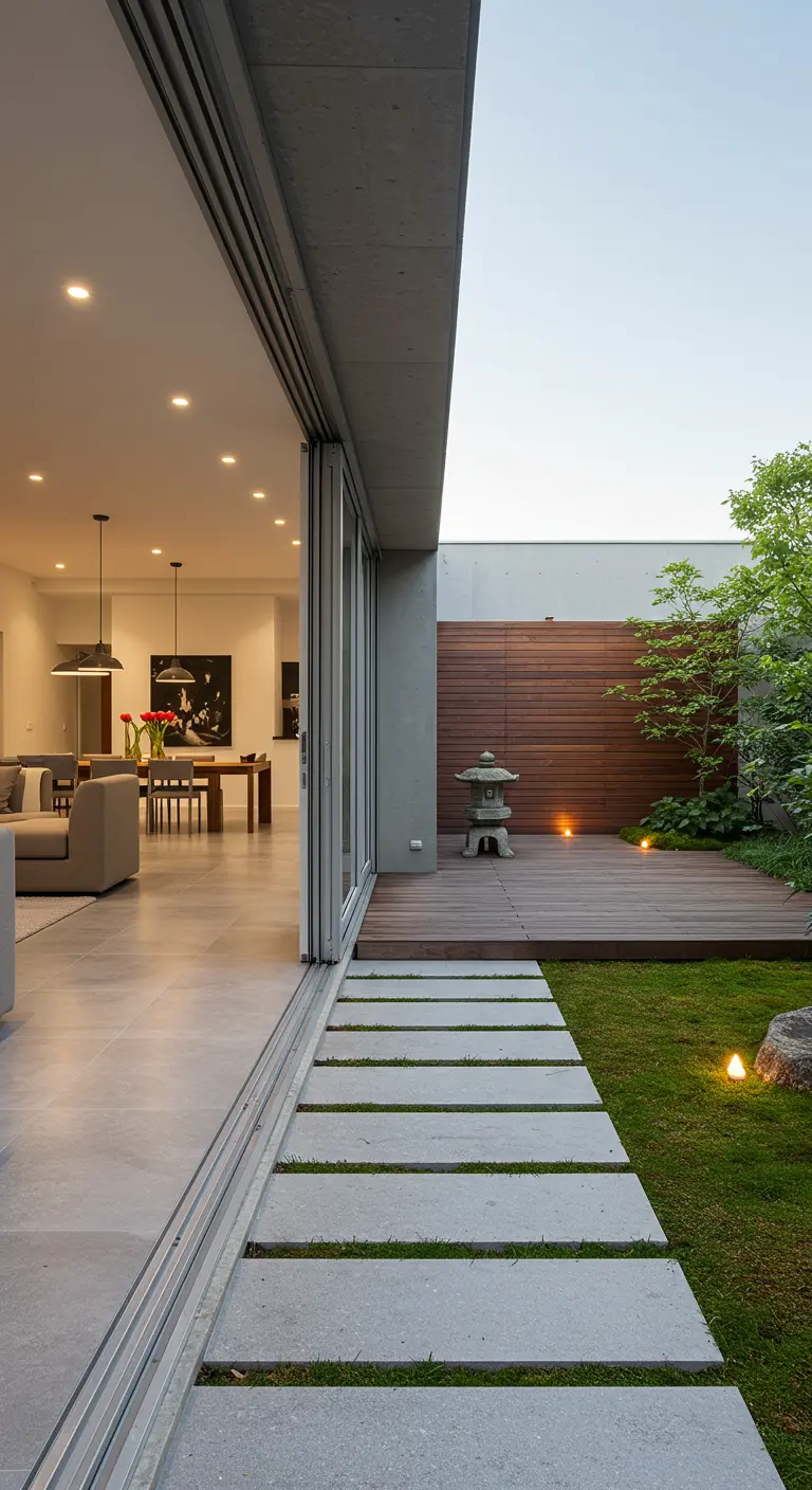 Moderne woonkamer met open schuifpui naar een minimalistische tuin met terras.