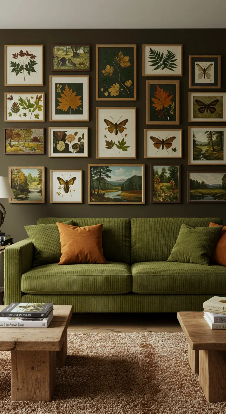 Galerijmuur met vintage natuurillustraties in donkere lijsten boven een groene corduroy bank.