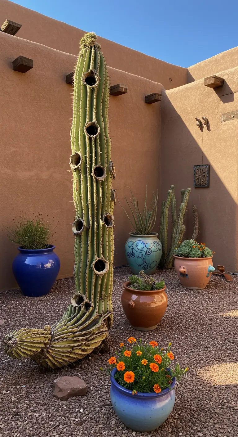 Grote saguaro cactus met gaten die als nesten voor vogels dienen.