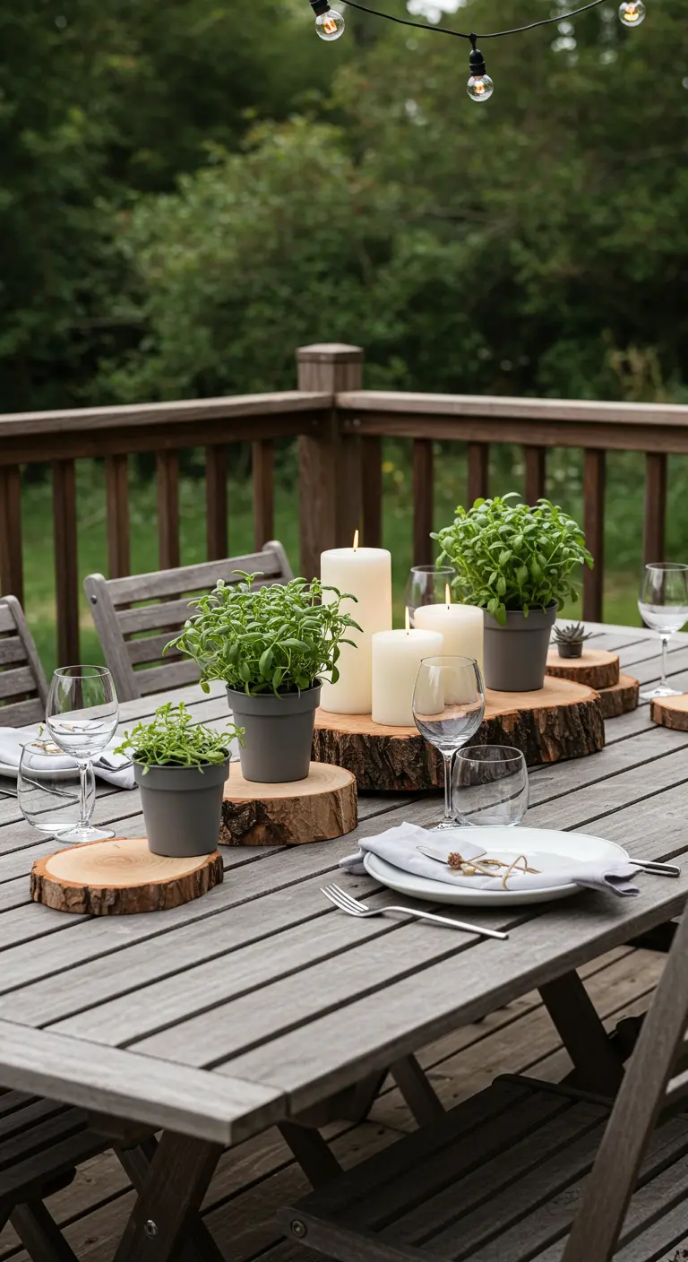 Houten boomschijven als onderzetters voor kaarsen en planten op een tuintafel.