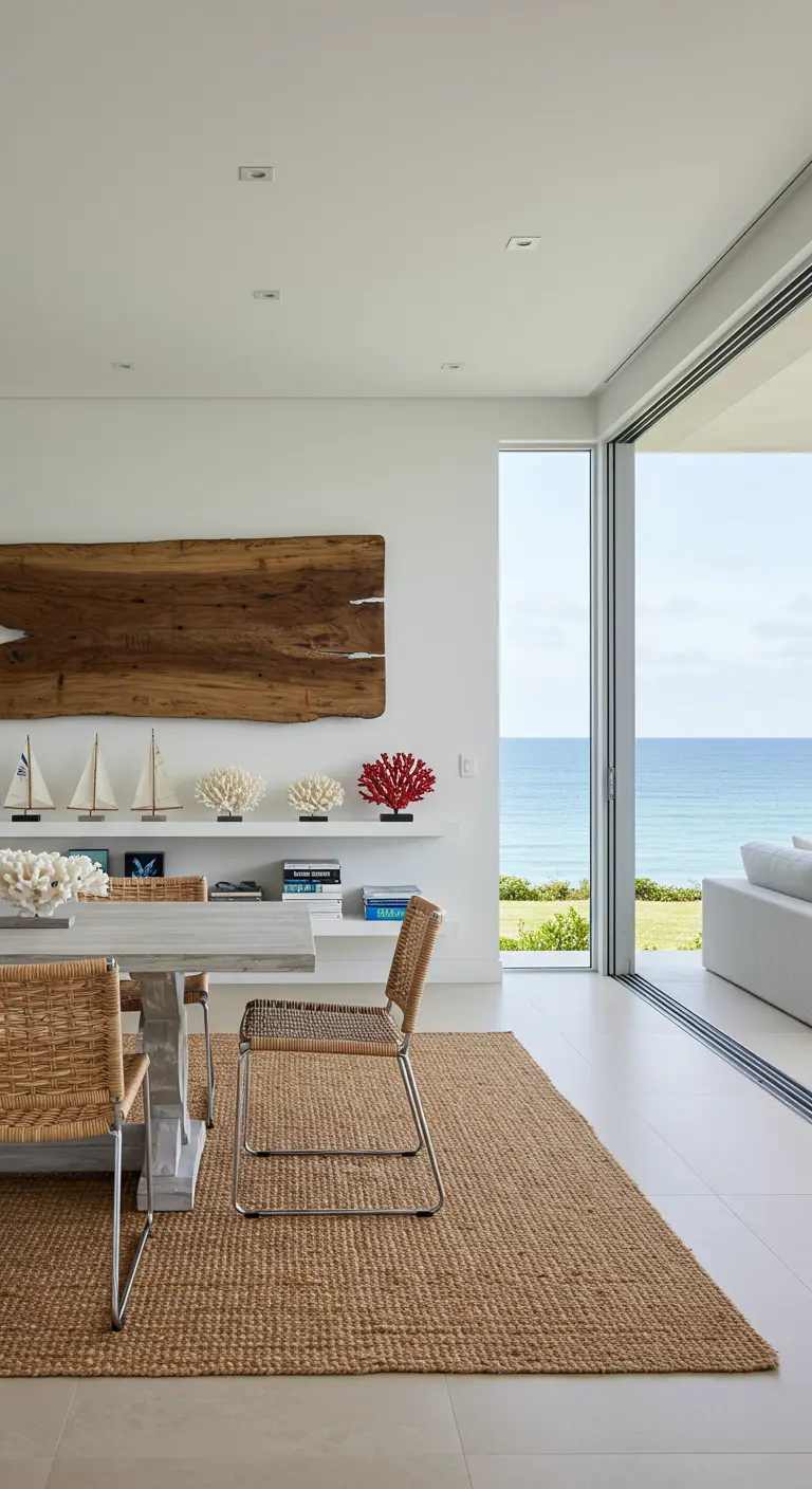 Lichte eethoek met uitzicht op zee, een groot stuk drijfhout aan de muur en rieten stoelen.