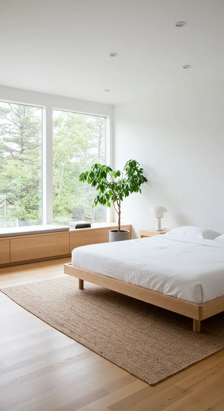 Lichte slaapkamer met grote ramen, houten bed, groene plant en raambank met opbergruimte.