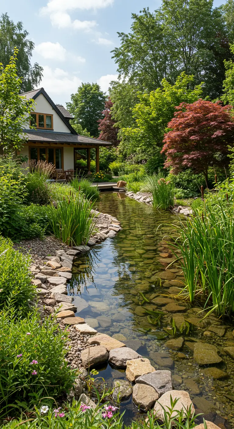Natuurlijke wadi of stroompje in een weelderige tuin, omzoomd met keien en riet.