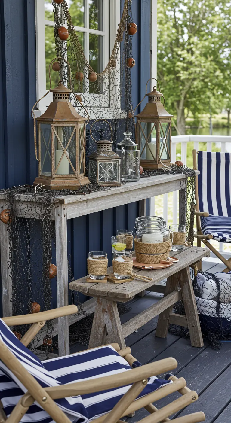 Veranda gedecoreerd in nautische stijl met verweerd hout, visnetten en oude lantaarns.