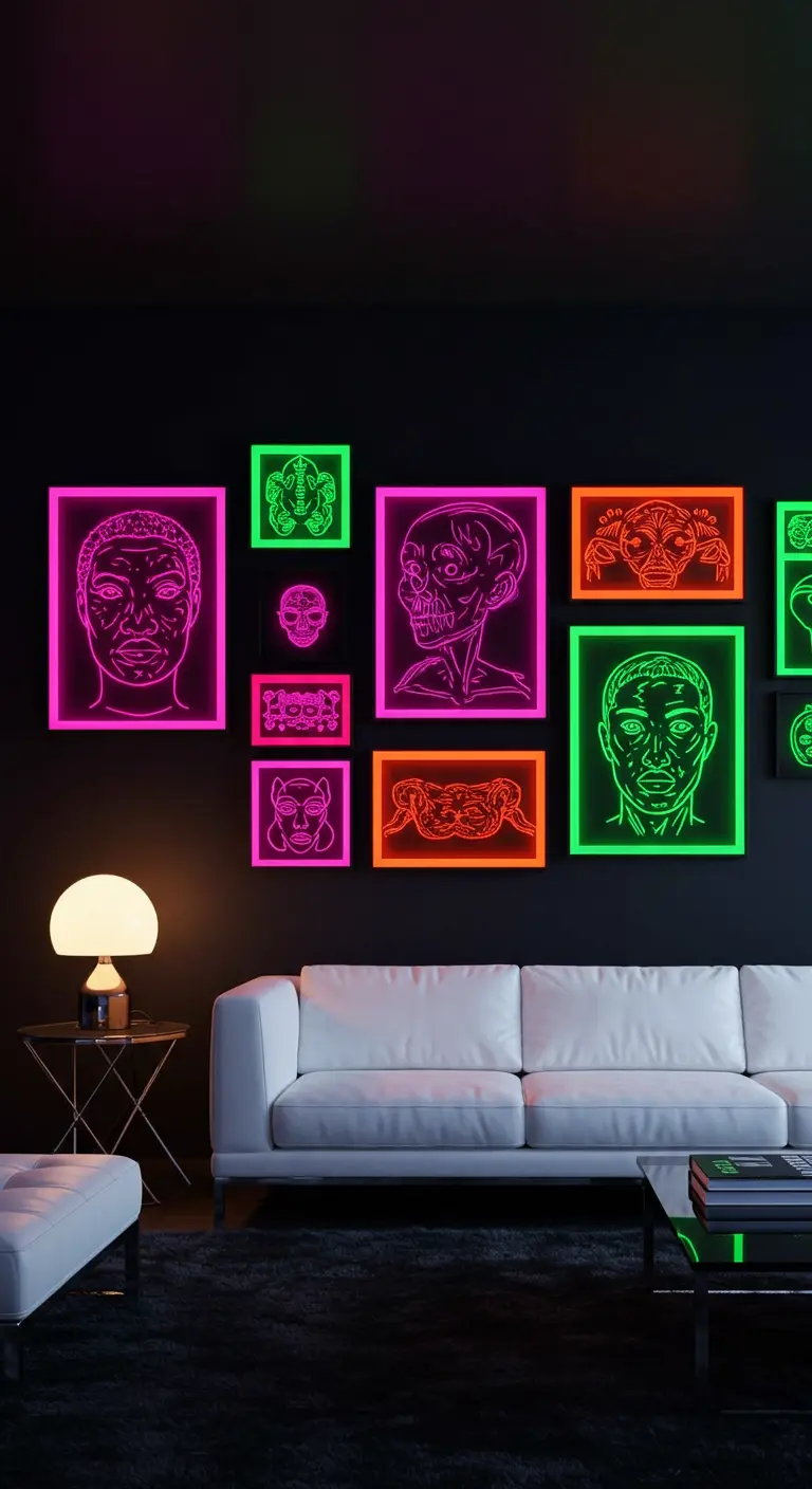 Galerijmuur met ingelijste neonkunst die oplicht in het donker boven een witte bank.