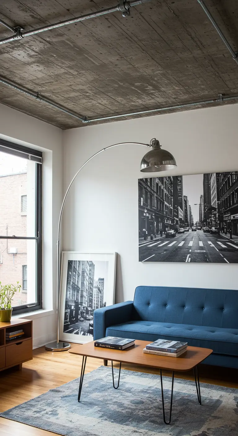 Stedelijke woonkamer met een blauwe bank, houten vloer en grote ingelijste foto's die tegen de muur leunen.