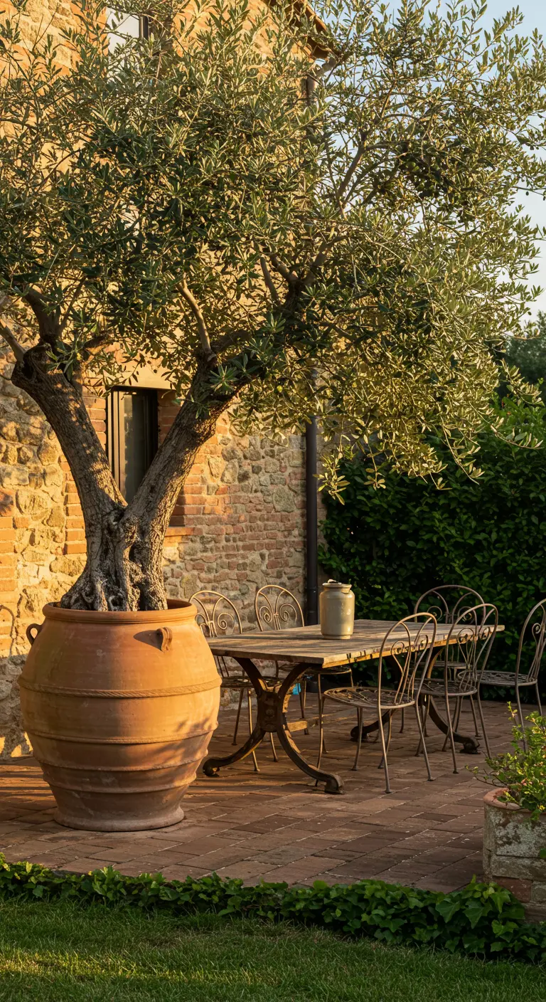 Terras met een grote olijfboom in een terracotta pot naast een houten eettafel.