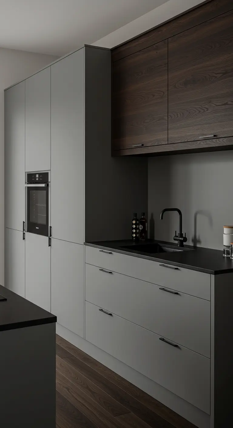 Moderne keuken met lichtgrijze onderkasten en donkerhouten bovenkasten.
