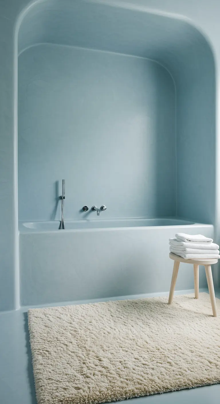 Minimalistische badkamer met lichtblauwe betonstuc op de muren en het ingebouwde bad.