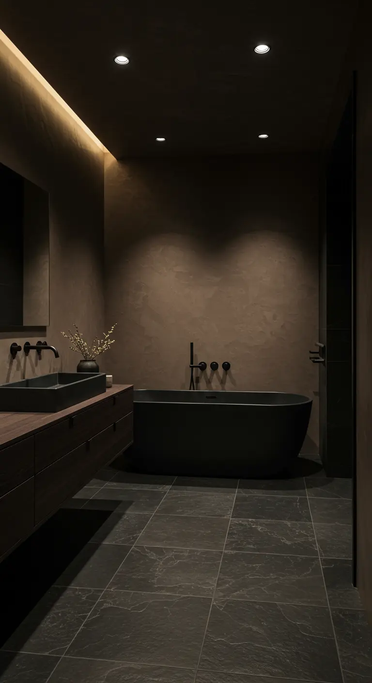 Donkere, sfeervolle badkamer met matzwarte kranen, een zwart bad en zachte spotverlichting.