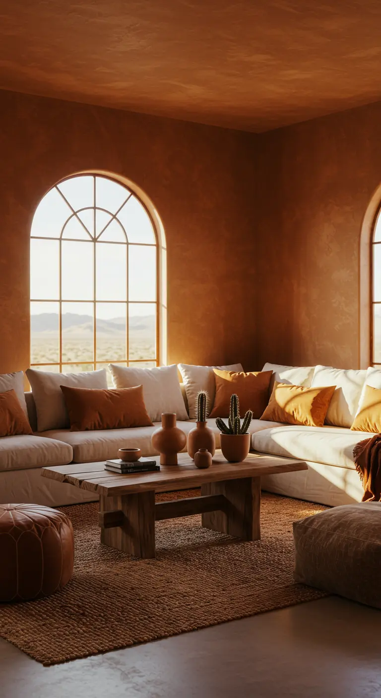 Woonkamer met terracotta muren, een groot boograam en een crèmekleurige hoekbank.