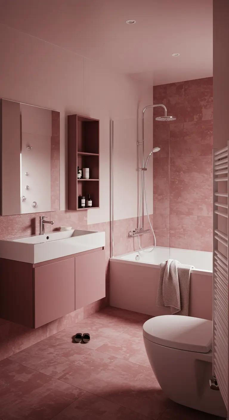 Badkamer volledig in roze tinten, met een roze vloer, meubel en wandtegels.