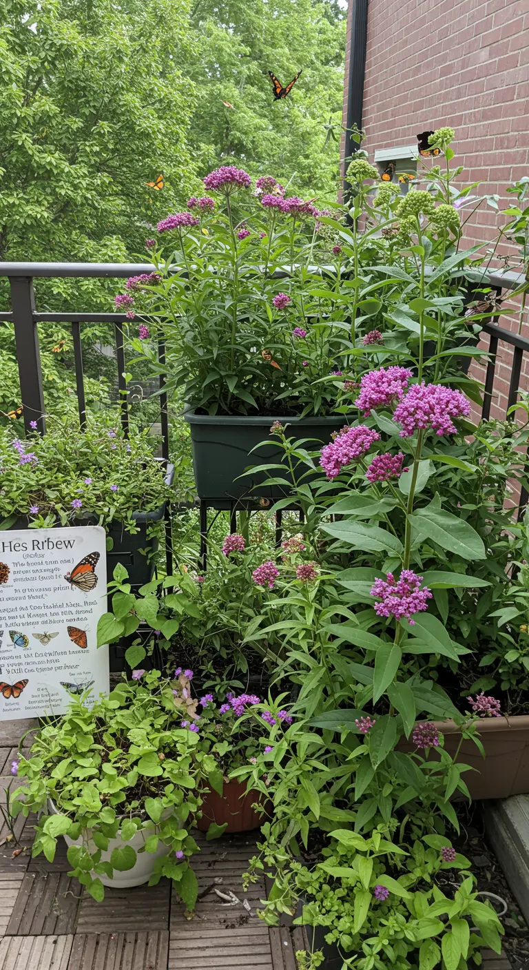Balkon met hoge planten met roze bloemschermen (Koninginnekruid) en een informatiebordje.