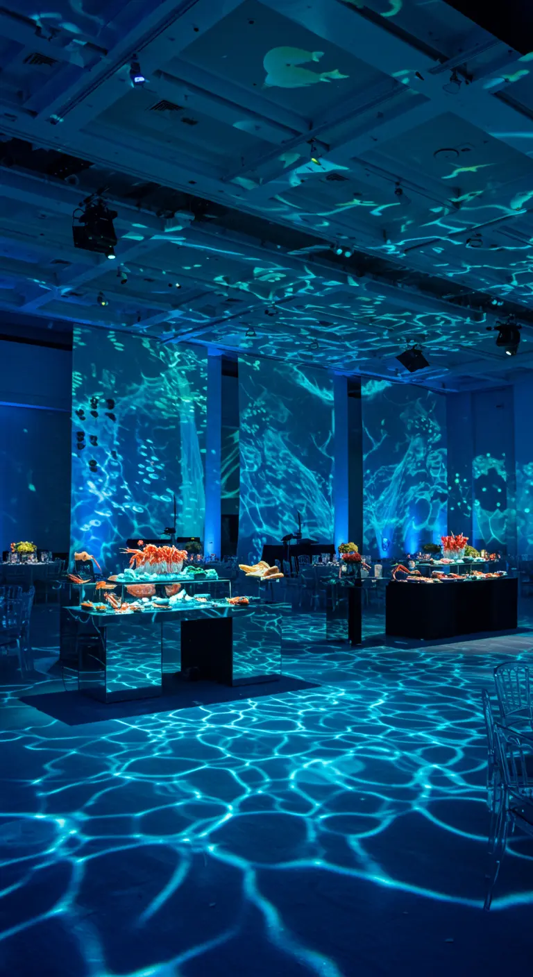 Feestzaal met onderwaterthema, spiegelende buffettafels en blauwe lichtprojecties.
