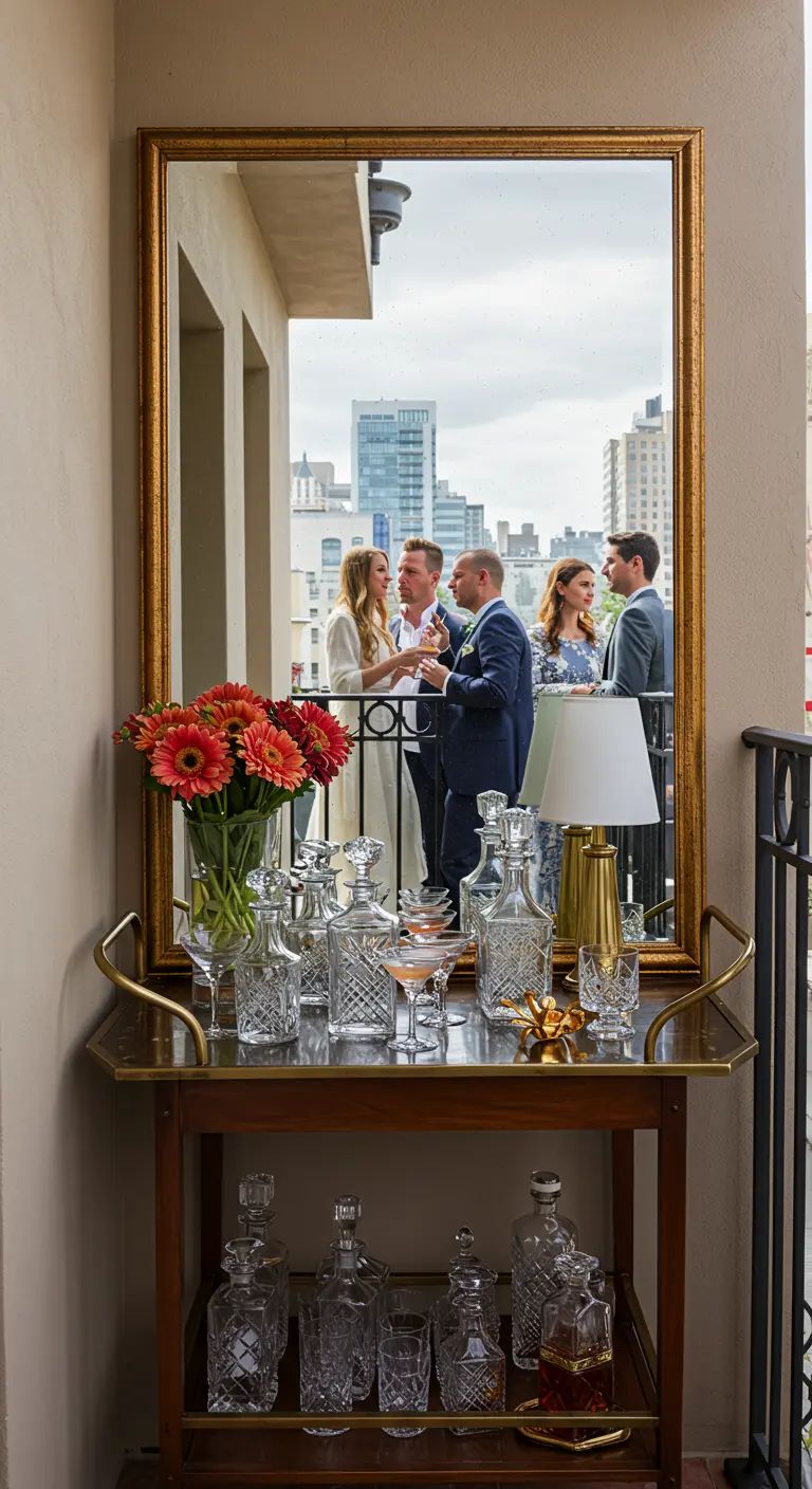 Gouden barcart vol met kristallen karaffen, met een grote spiegel erachter die de setting verdubbelt.