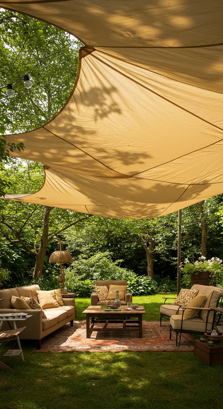 Een groot, zandkleurig doek is als een tent over een loungehoek in de tuin gespannen.