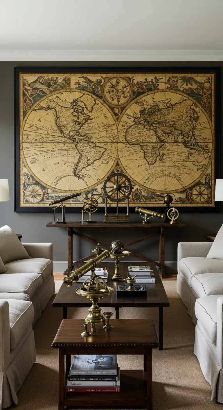 Donkere studeerkamer met een grote vintage wereldkaart en een collectie messing telescopen.