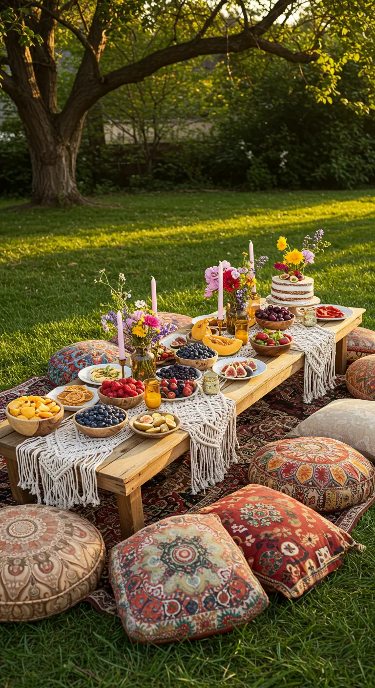 Bohemian picknick in een tuin met een lage tafel, kussens en schalen vol fruit.