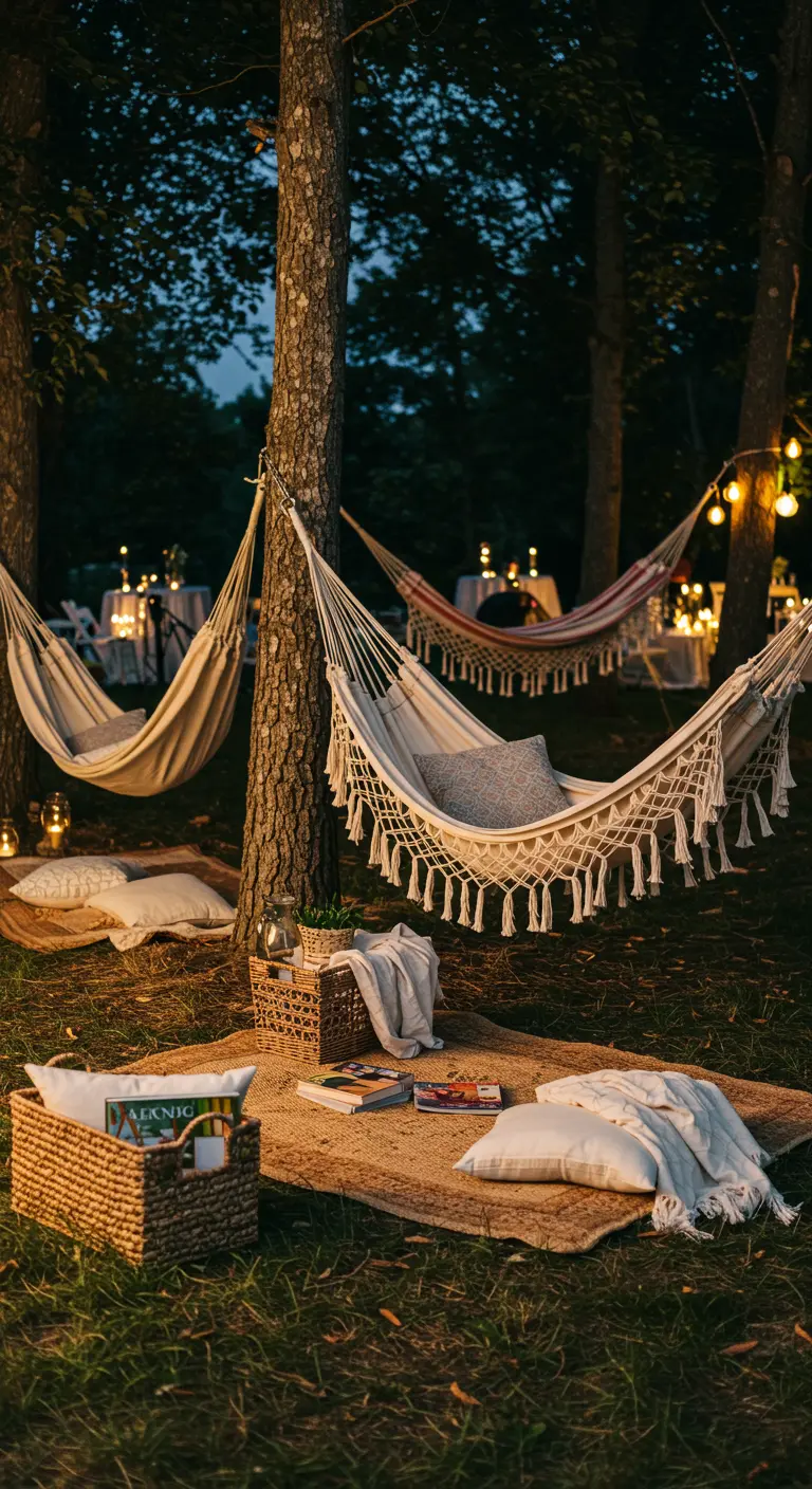 Relaxhoek in het bos met hangmatten, kussens, een jute kleed en een mand met boeken.