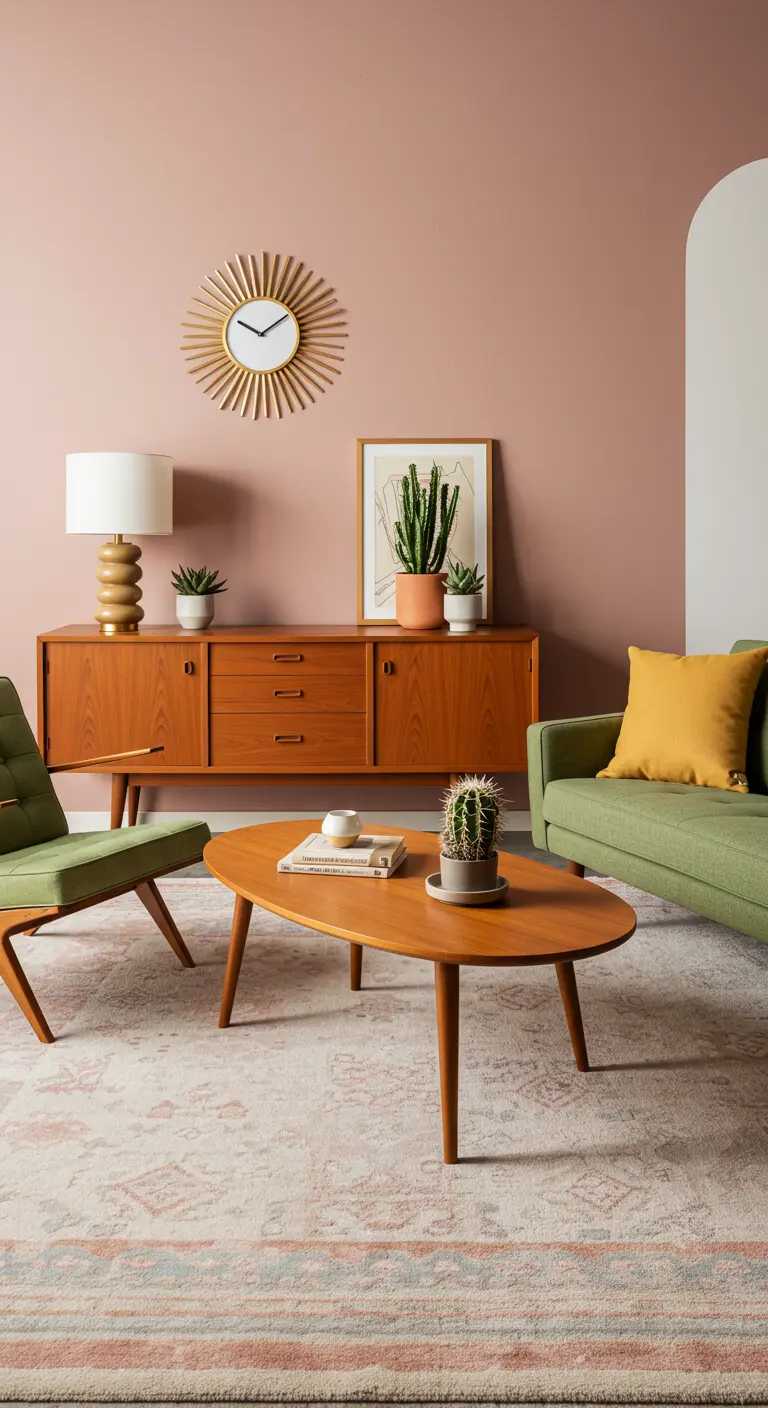 Woonkamer met een oudroze muur, een olijfgroene bank en een houten mid-century dressoir.